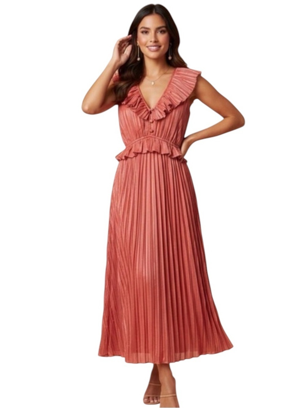 NWT Adelyn Rae Coral Pleated Ruffle Maxi Dress Size Small